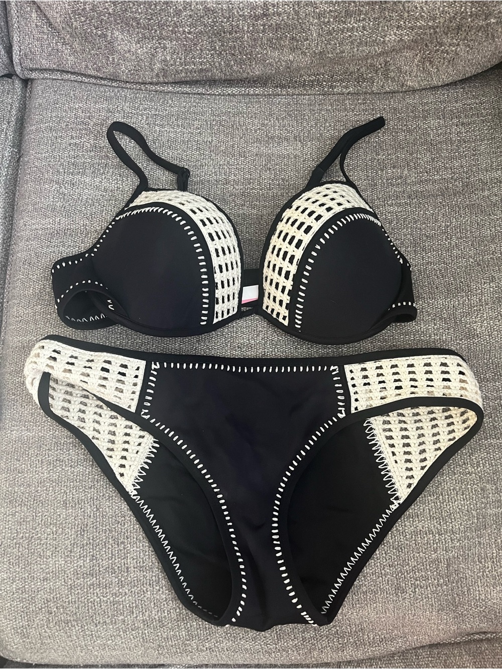 Victoria's Secret Black Bikini with White Crochet Trim - Women Swim Bikinis